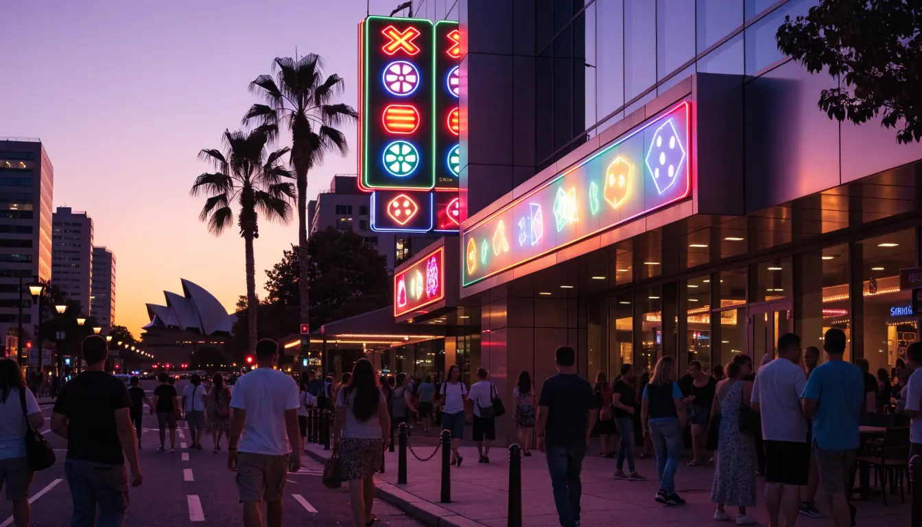 Australian casino building with Sydney skyline at sunset